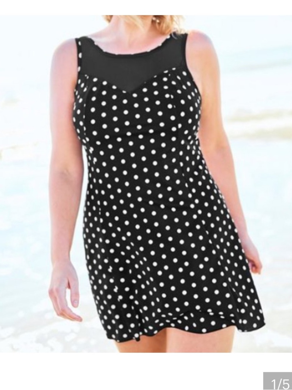 Swimsuits For All Black & White Polka Dot Swimdress with Mesh Yoke